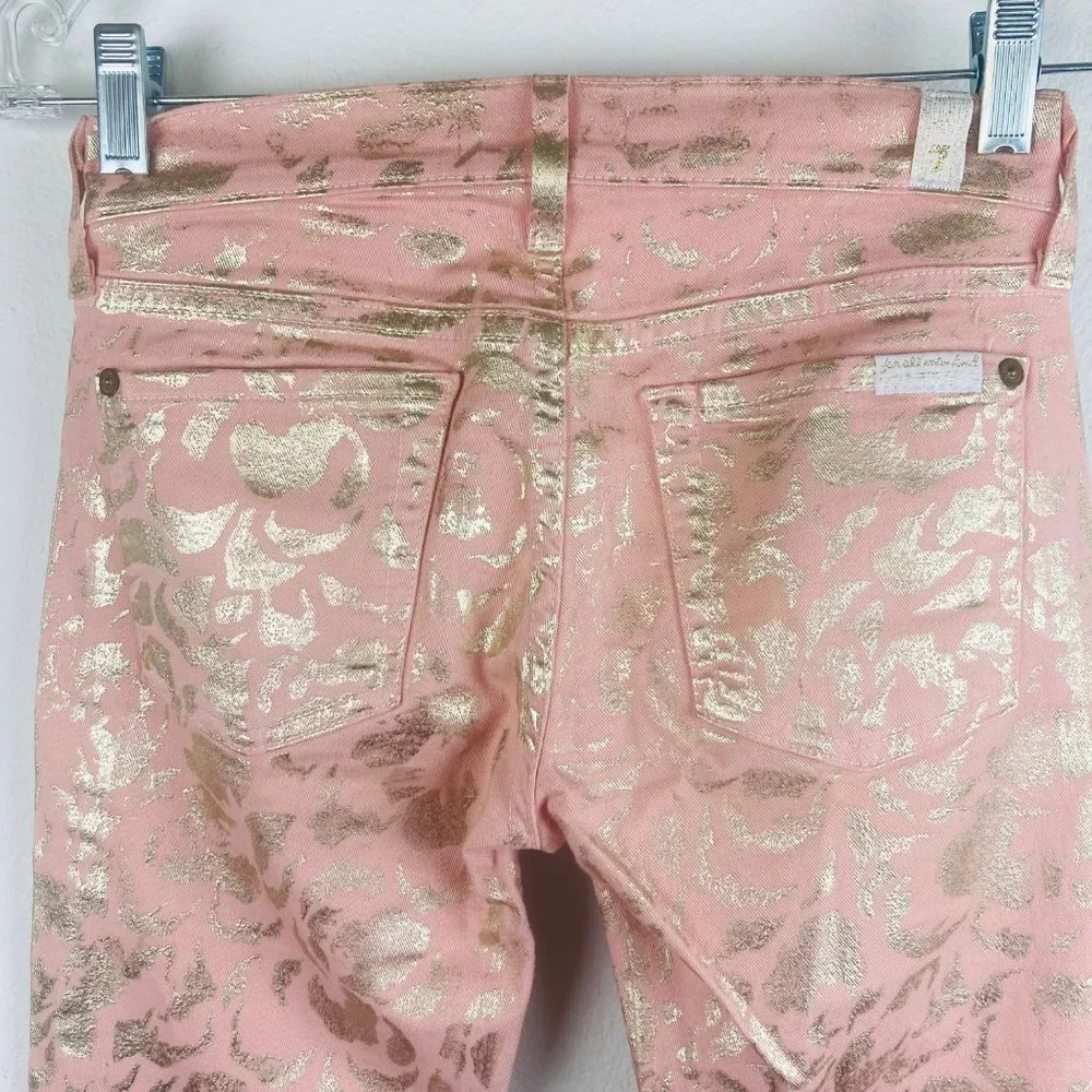 Jeans 7For All Mankind Pink Gold Leopard Print Jeans Low Rise 24 Waist SkinnyLeg - Picture 6 of 8